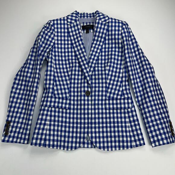 J Crew 100% Linen Campbell Blazer Jacket Navy Blue White Gingham Check Size 0 - Picture 5 of 14